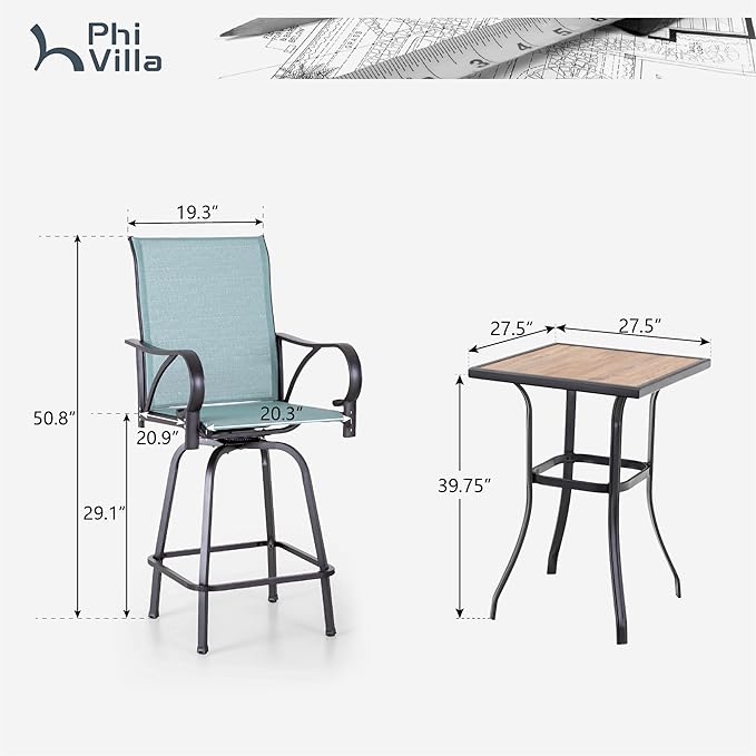 PHI VILLA Outdoor Patio Swivel Bar Set of 3, Jacquard Lake Blue Textilene Fur...
