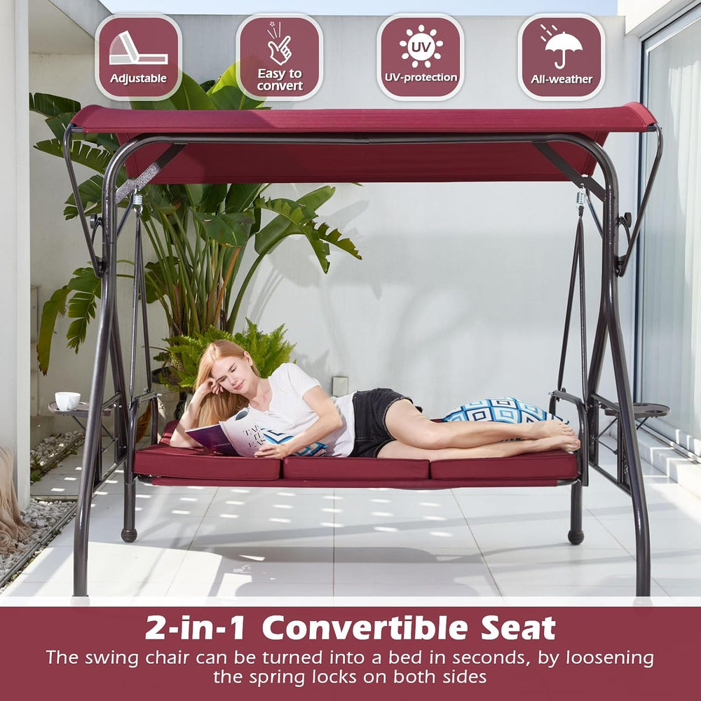 ZZW 800LBS Patio Swing with Canopy 3 Seat Outdoor Porch Swing with Stand w/Cu...