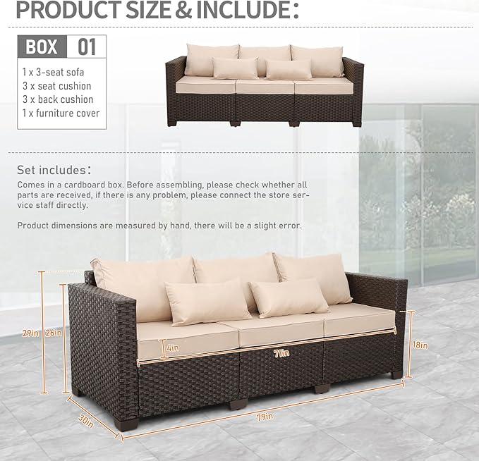 Outdoor Furniture Couch 3 Seater Sofa Outdoor Brown Wicker Sofa Deep Seat Hig...