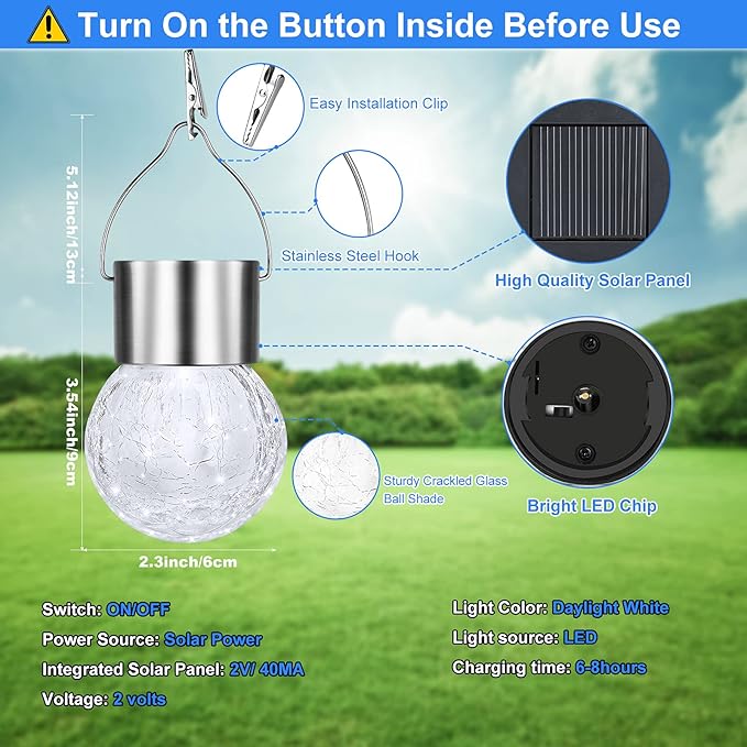 12Pack Outdoor Hanging Solar Lights - Solar Powered Crackle Glass Ball Lights...
