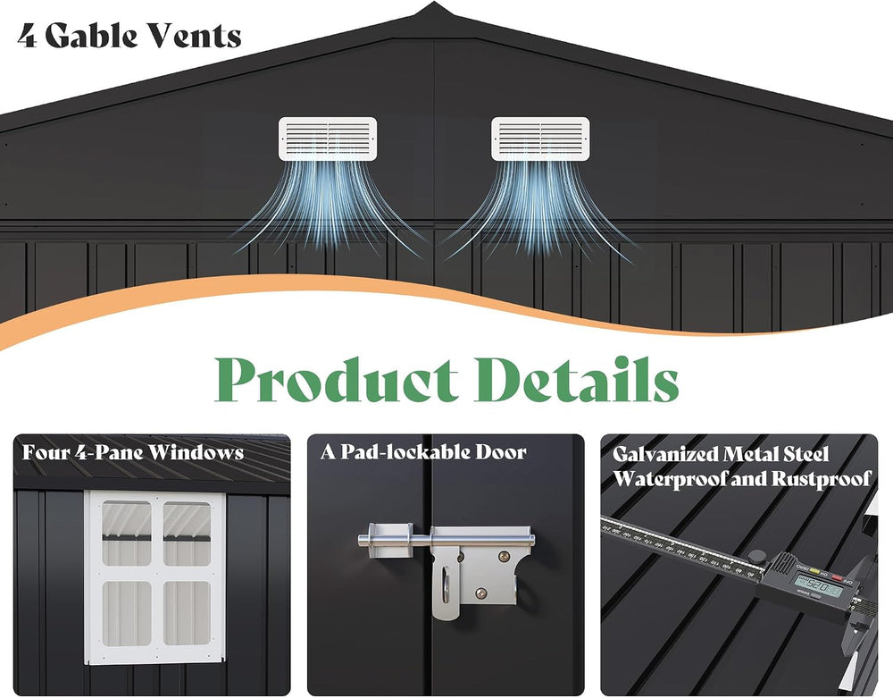 AMERLIFE 10x21x7.3 FT Metal Garage Shed with Double Hinged Doors, 4 Windows