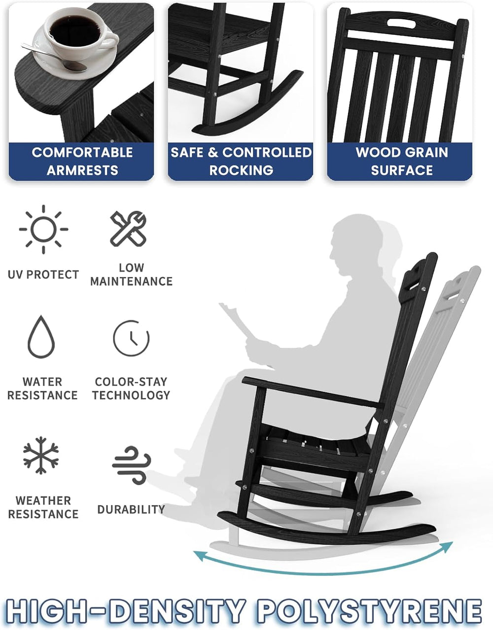 Oversized Outdoor Rocking Chair, HDPE Plastic High Back Rocking Chairs