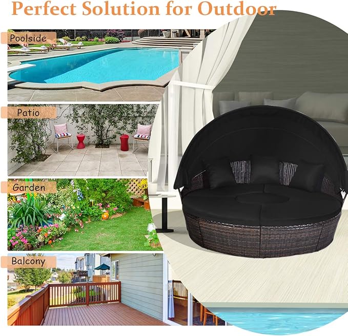 Tangkula Patio Round Daybed with Retractable Canopy, Outdoor Wicker Rattan Fu...