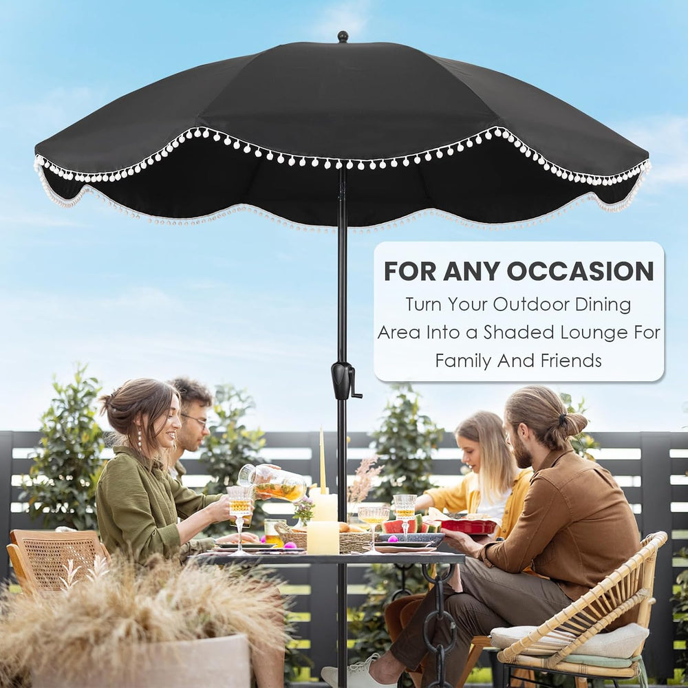 9' Patio Umbrella with Black Canopy and White Fringe Accents, Black Frame...