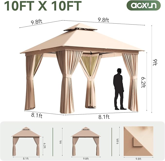Aoxun 10x10 Outdoor Gazebo with 50FT LED Hanging Lights Metal Frame Canopy wi...