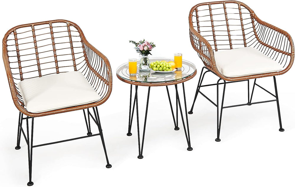 Tangkula 3 Pieces Patio Conversation Bistro Set, Outdoor Wicker Furniture w/R...