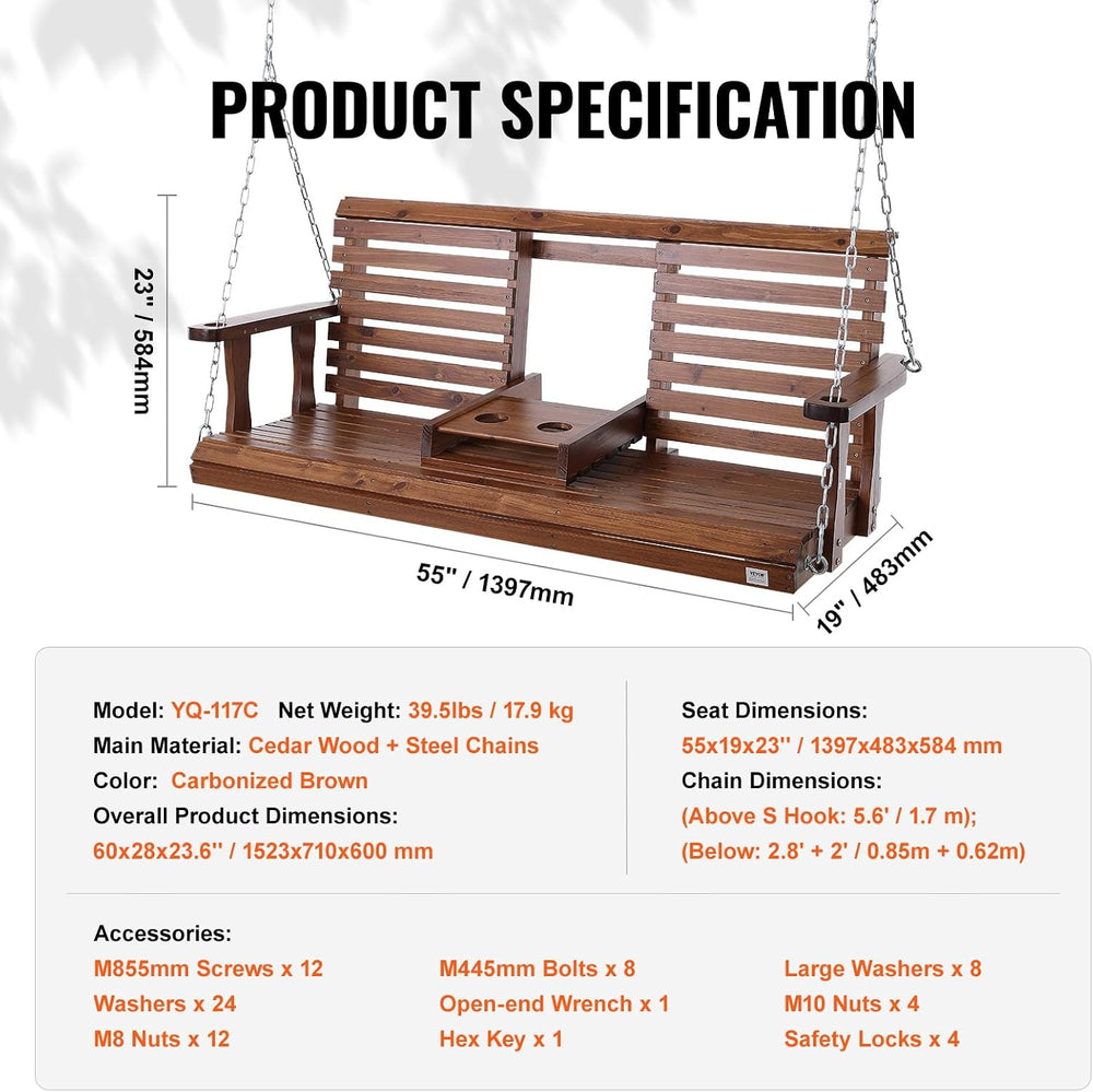 VEVOR Wooden Porch Swing 5 ft, Patio Bench Swing for Courtyard & Garden, ...