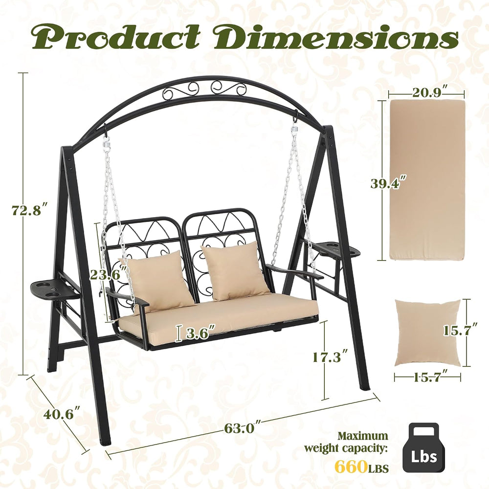 Porch Swing with Stand, 2-Person Metal Patio Swing with Cup Holder