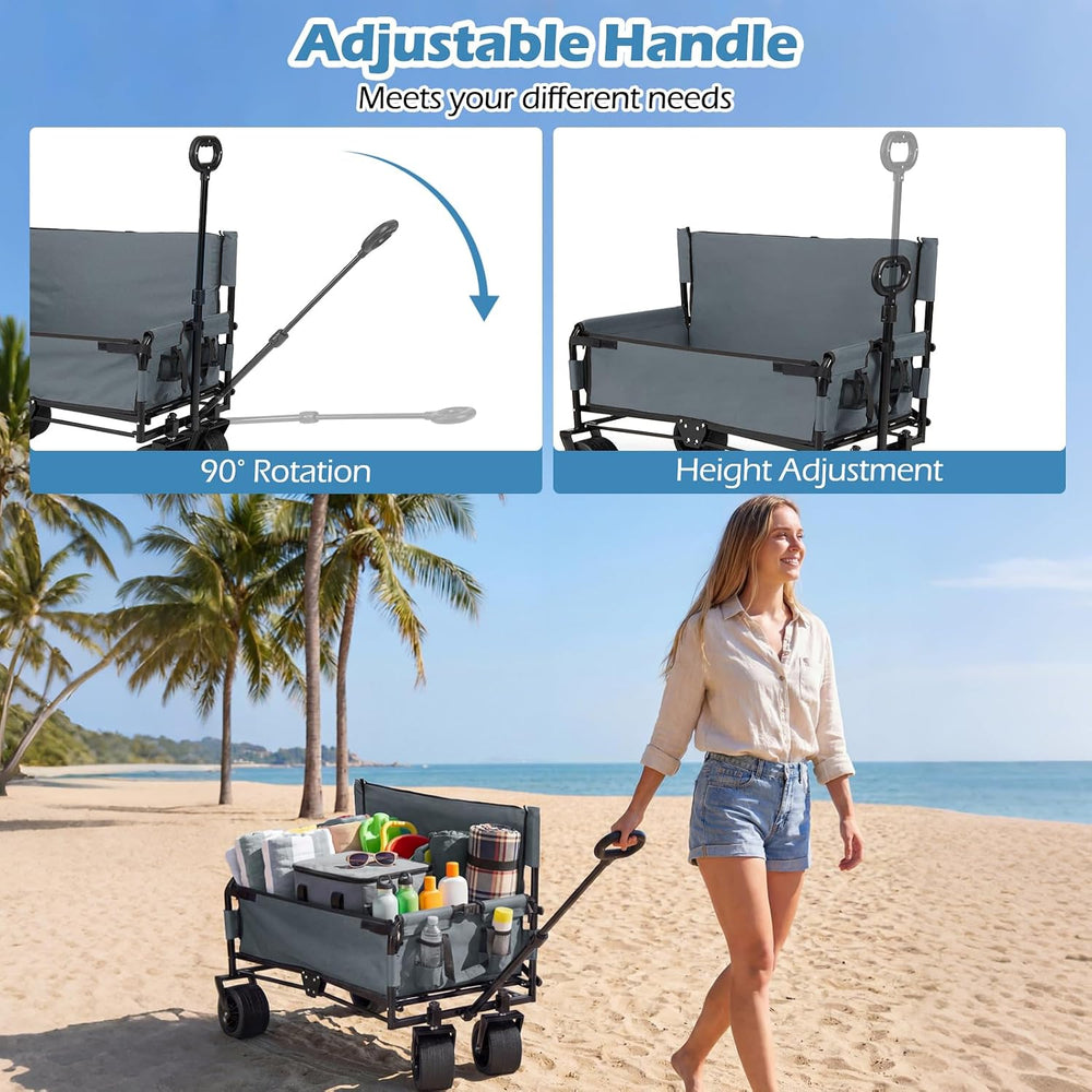 Goplus 2-in-1 Wagon Bench Seat Combo, Collapsible Folding Beach Cart with Adj...