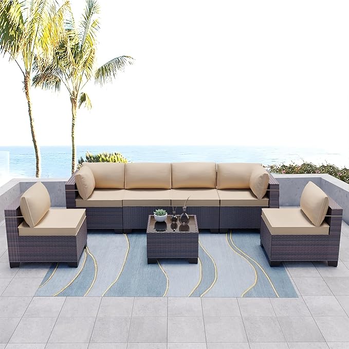Kullavik 7 Pieces Outdoor Patio Furniture Set PE Wicker Rattan Sectional Sofa...