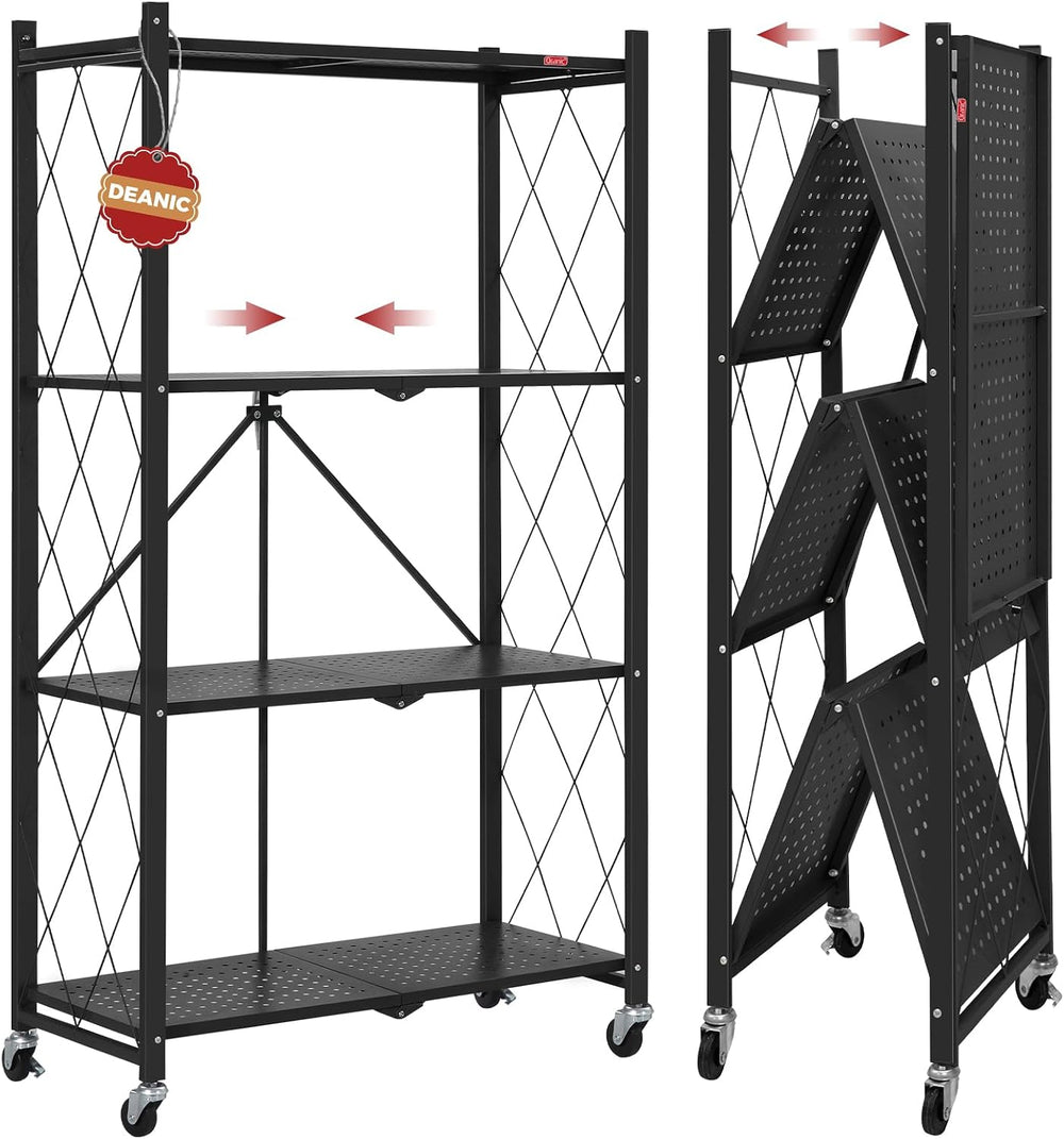 DEANIC 4 Tier Foldable Storage Shelves with Wheels, Large Capacity Shelving U...