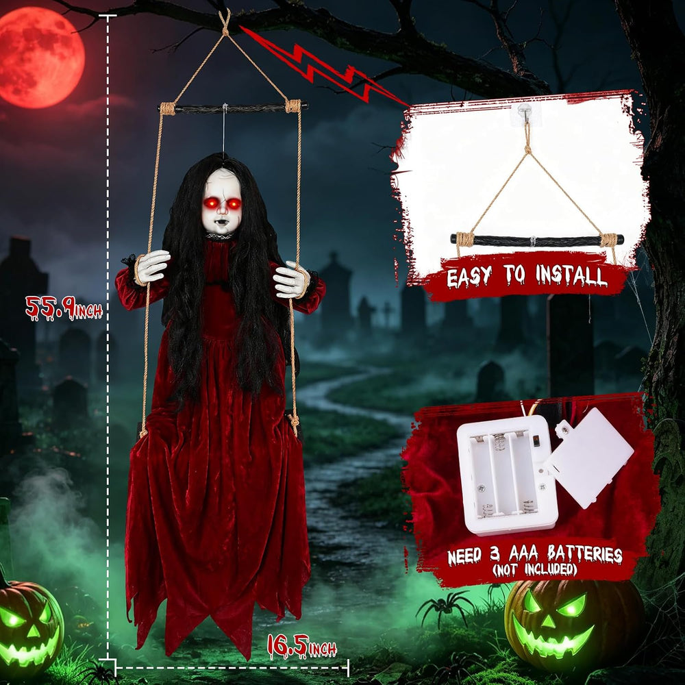 56'' Hanging Swinging Ghost Doll Girl Halloween Decorations Outdoor I...