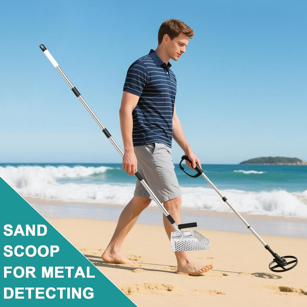 Sand Scoop for Metal Detecting, long-handle Metal Detector & Sand Flea Rake