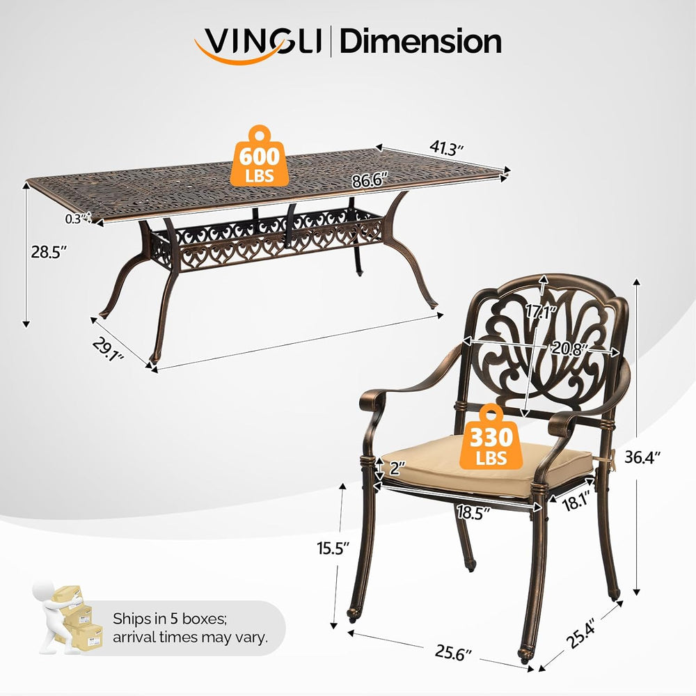 VINGLI 9 Pieces Outdoor Dining Set, Cast Aluminium All-Weather Patio Dining S...