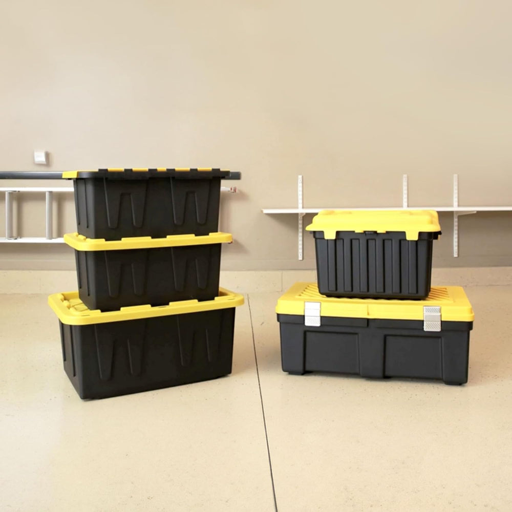 HOMZ Durabilt Plastic Storage Bins with Lids, 15 Gal, Black/Yellow, 2 Pack