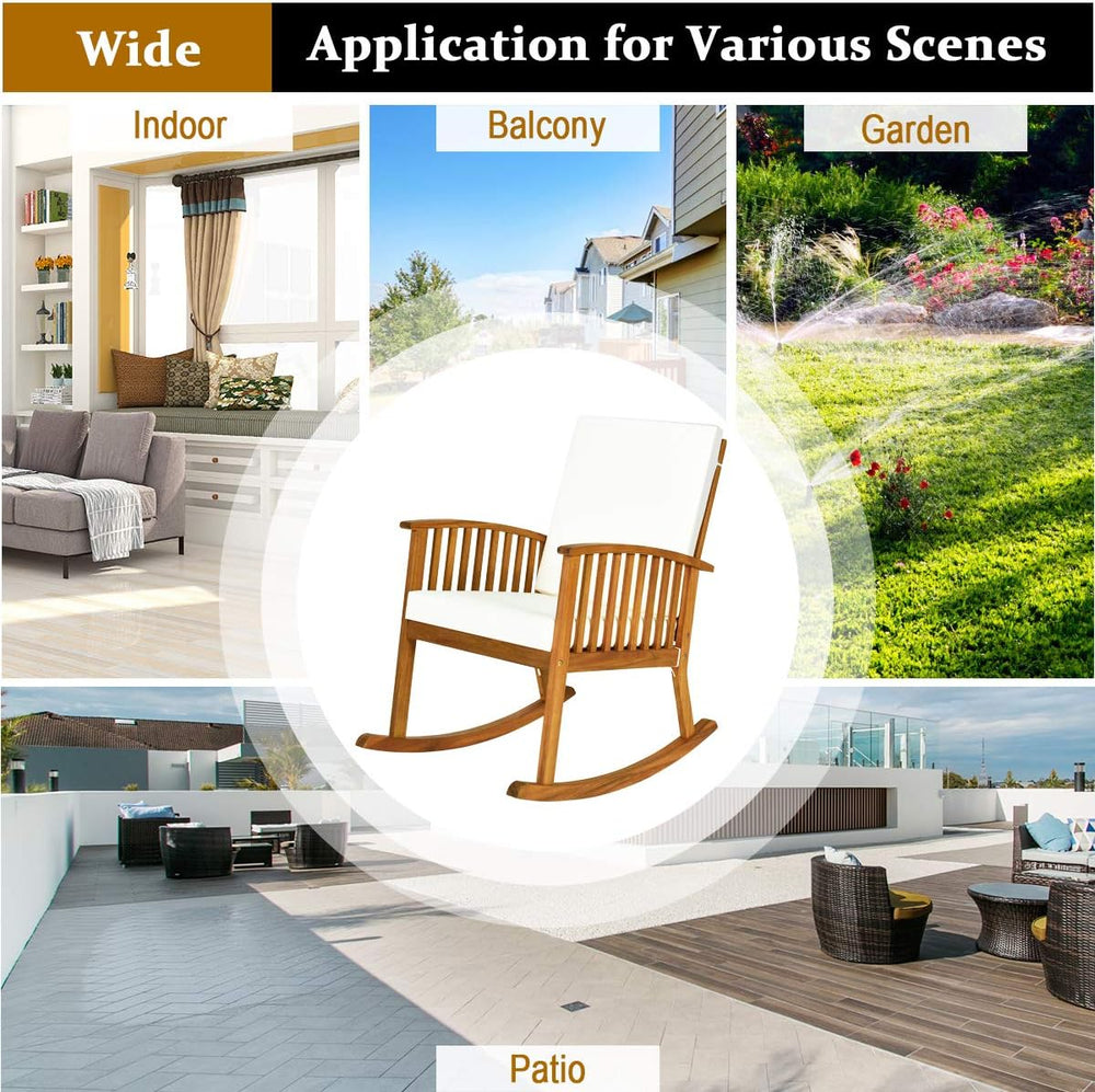 2PCS Rocking Chair Outdoor, Acacia Wooden Rocker Chair with Seat and Back Cus...