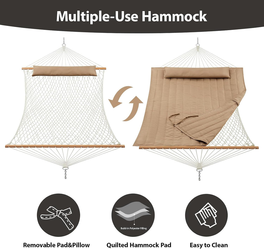 Double Rope Hammock with Spreader Bars Removable Quilted Pad, Pillow