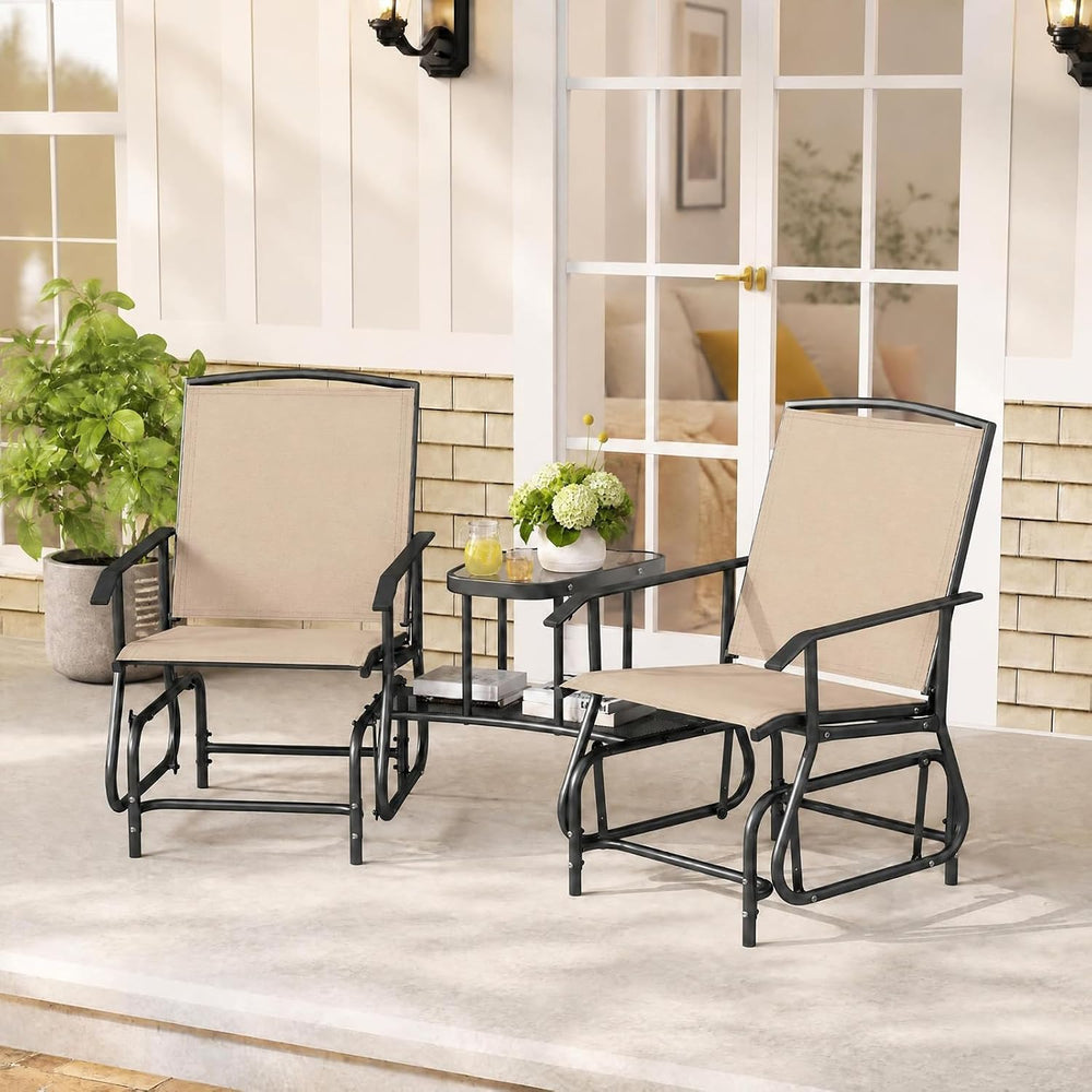 GIANTEX Outdoor Glider Chairs with 2-Tier Center Table, 2-Person Loveseat