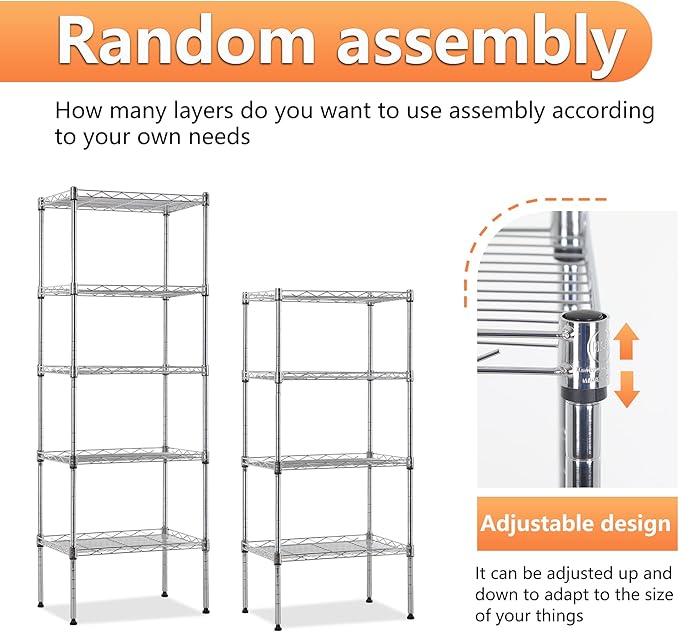 BestOffice | 5-Tier Wire Storage Shelves | 17x12x48 | Chrome | with Adjustabl...