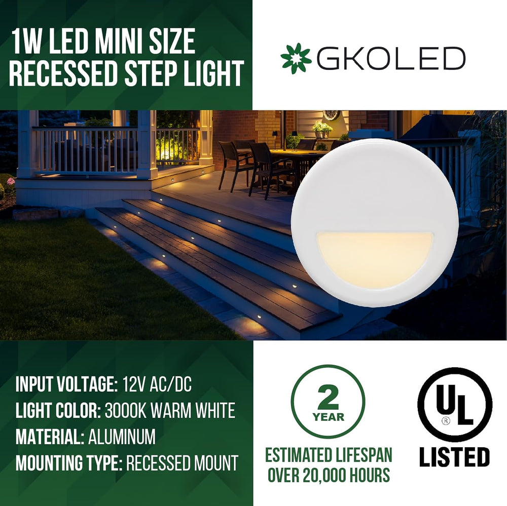 GKOLED 12 Pack Recessed Low Voltage Mini Size LED Step Riser Light, Φ1 Halfmo...