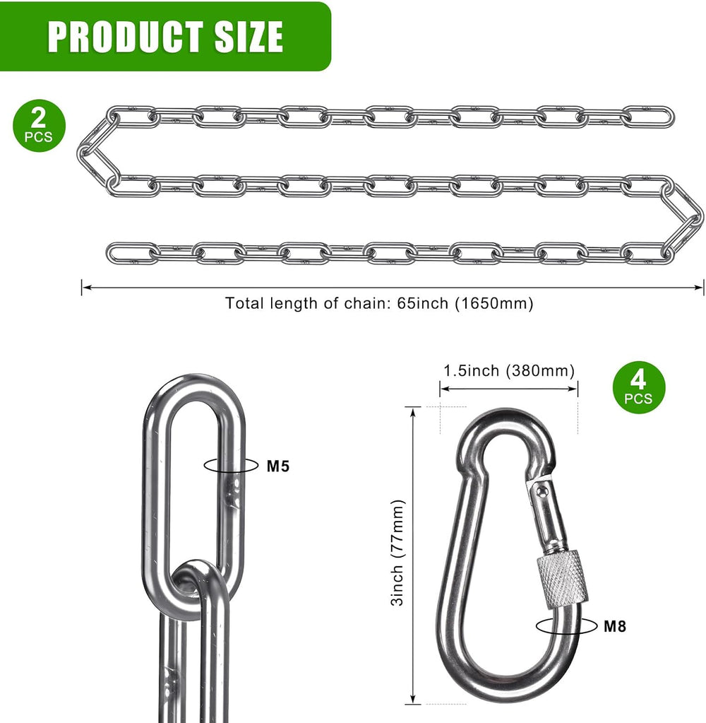 2Pcs 65" (5.4 ft) 304 Stainless Steel Swing Chain with Hook Hanging Chains