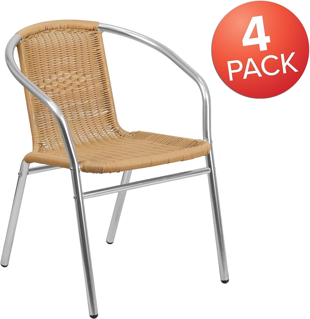 Flash Furniture Lila 4 Pack Commercial Aluminum and Beige Rattan Indoor-Outdo...