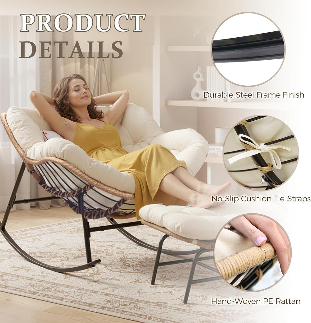 FINCATI Outdoor Indoor Papasan Rocking Chair, Oversized Rattan Lounge Chair
