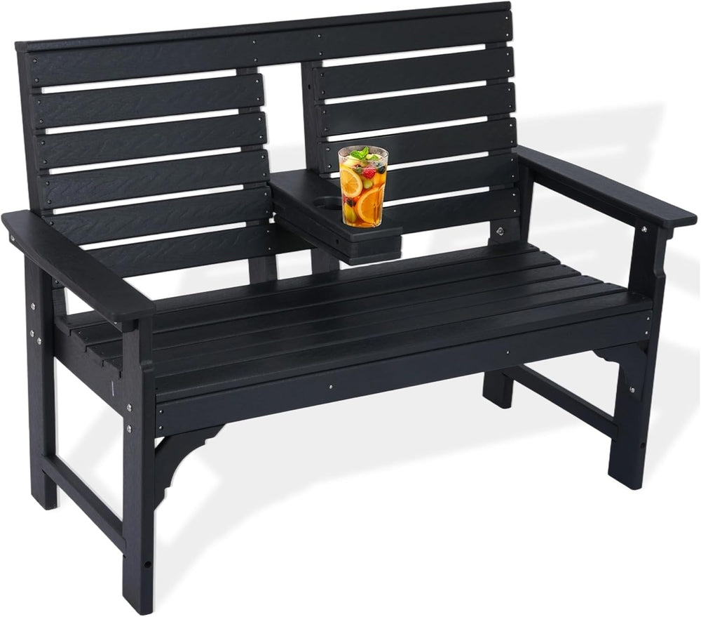 Outdoor Bench with Cup Holders, HDPE 2-Person Weatherproof Patio Benches, Fad...