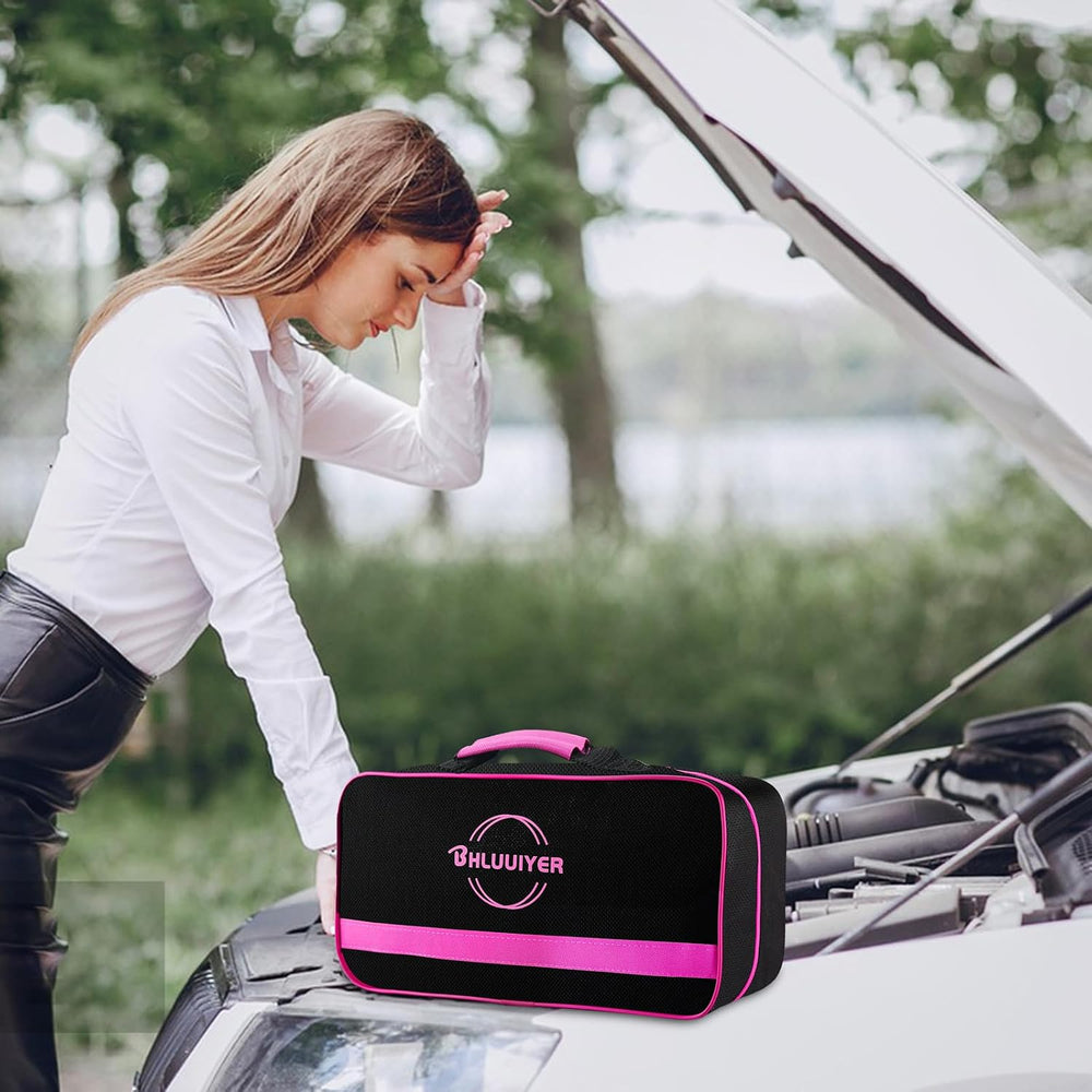 Car Emergency Kit, Pink Roadside Emergency Car Kit with Jumper Cables, Tow Ro...