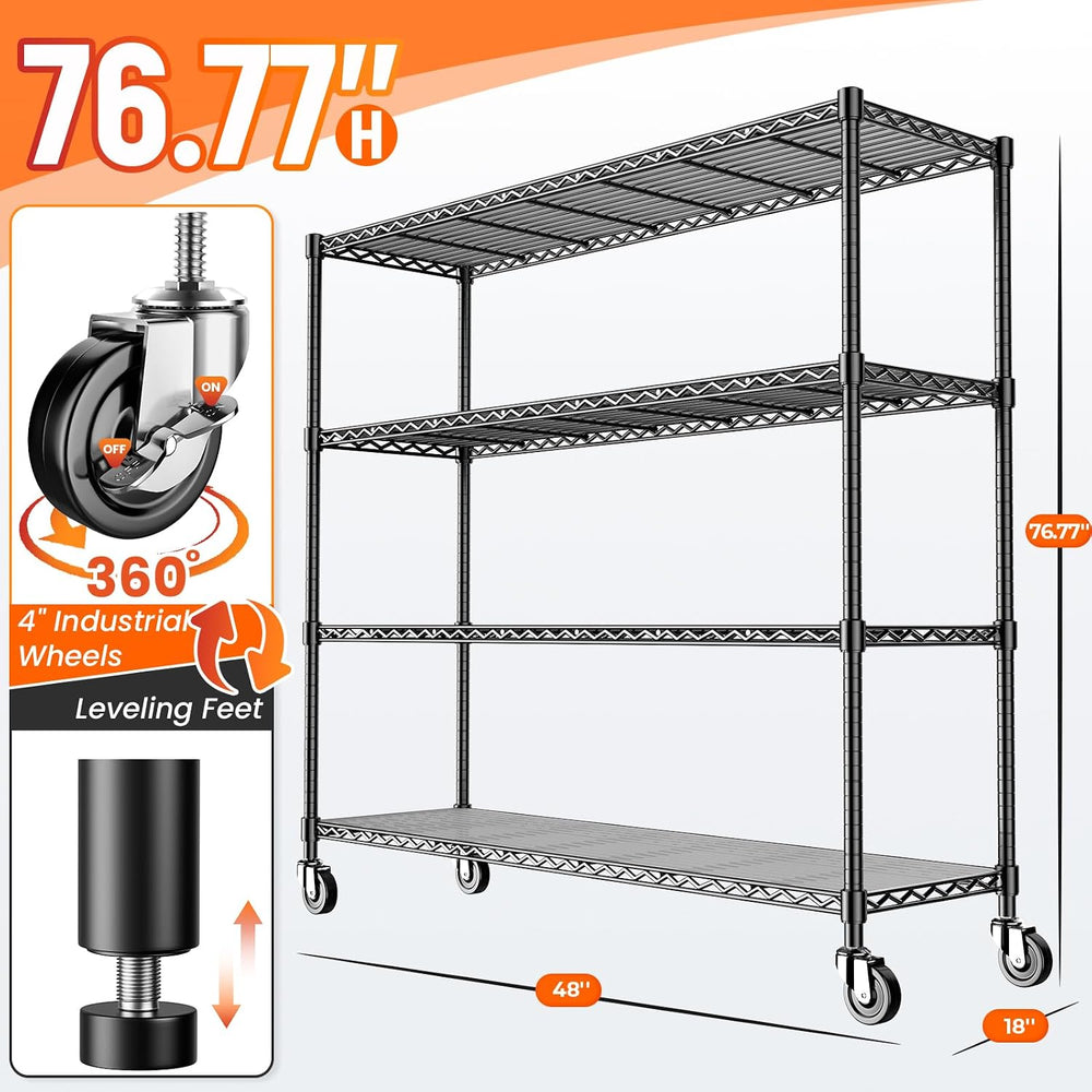 48" W Storage Shelves 1500LBS Metal Shelving Unit with Wheels, Adjustabl...