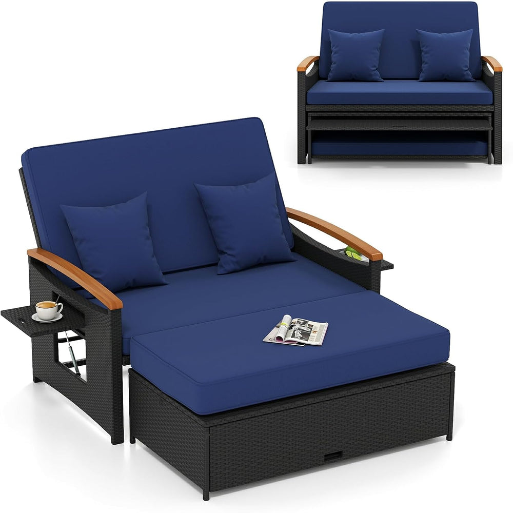 Moccha Outdoor Wicker Daybed, Patio Rattan Loveseat Sofa w/ 4-Level Adjustabl...