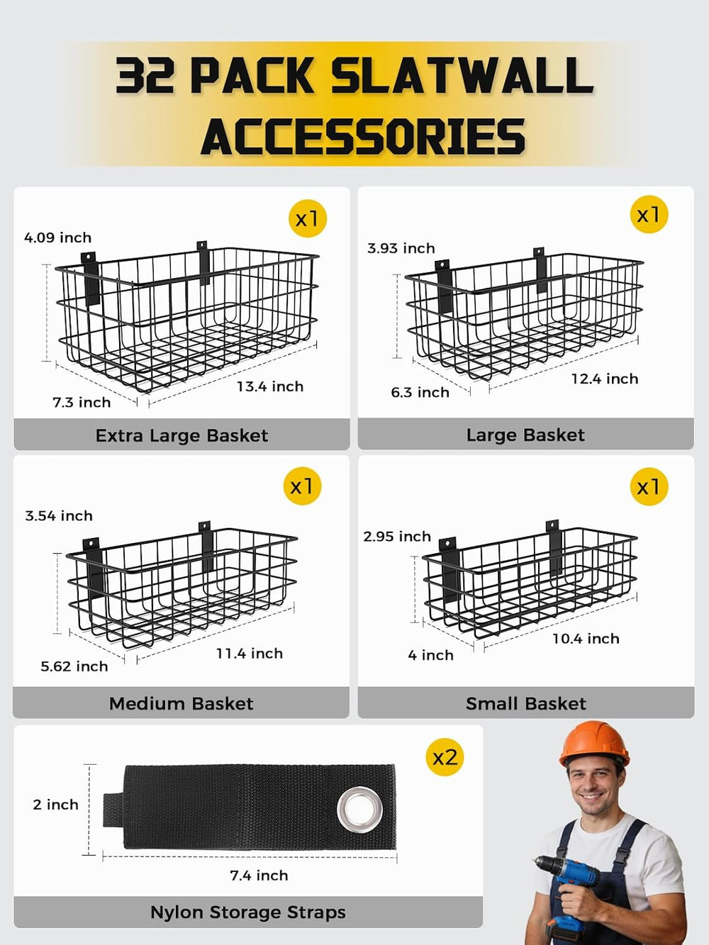32Pcs Slatwall Accessories Set with 4 Slatwall Baskets & 26 Multi-Sized S...