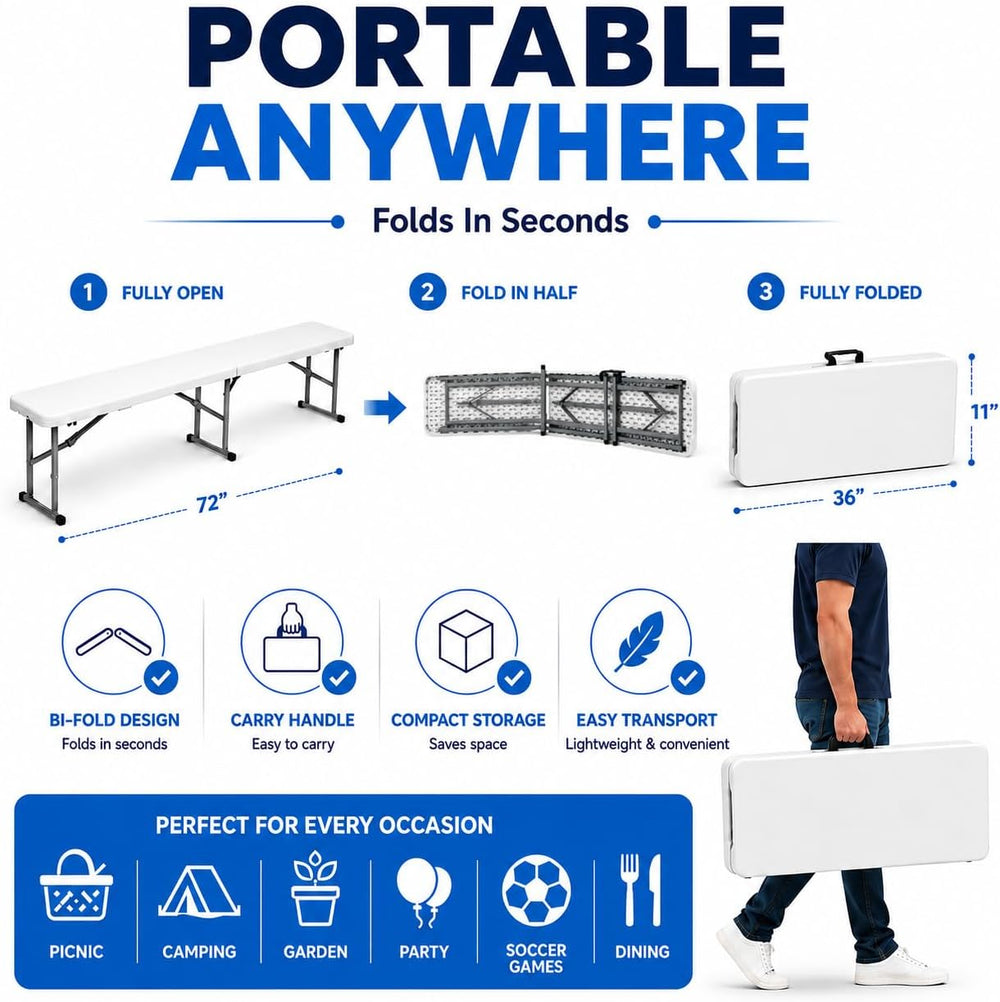 Plastic Folding Bench - Portable Bench Used for Indoor, Outdoor, Picnic, Part...