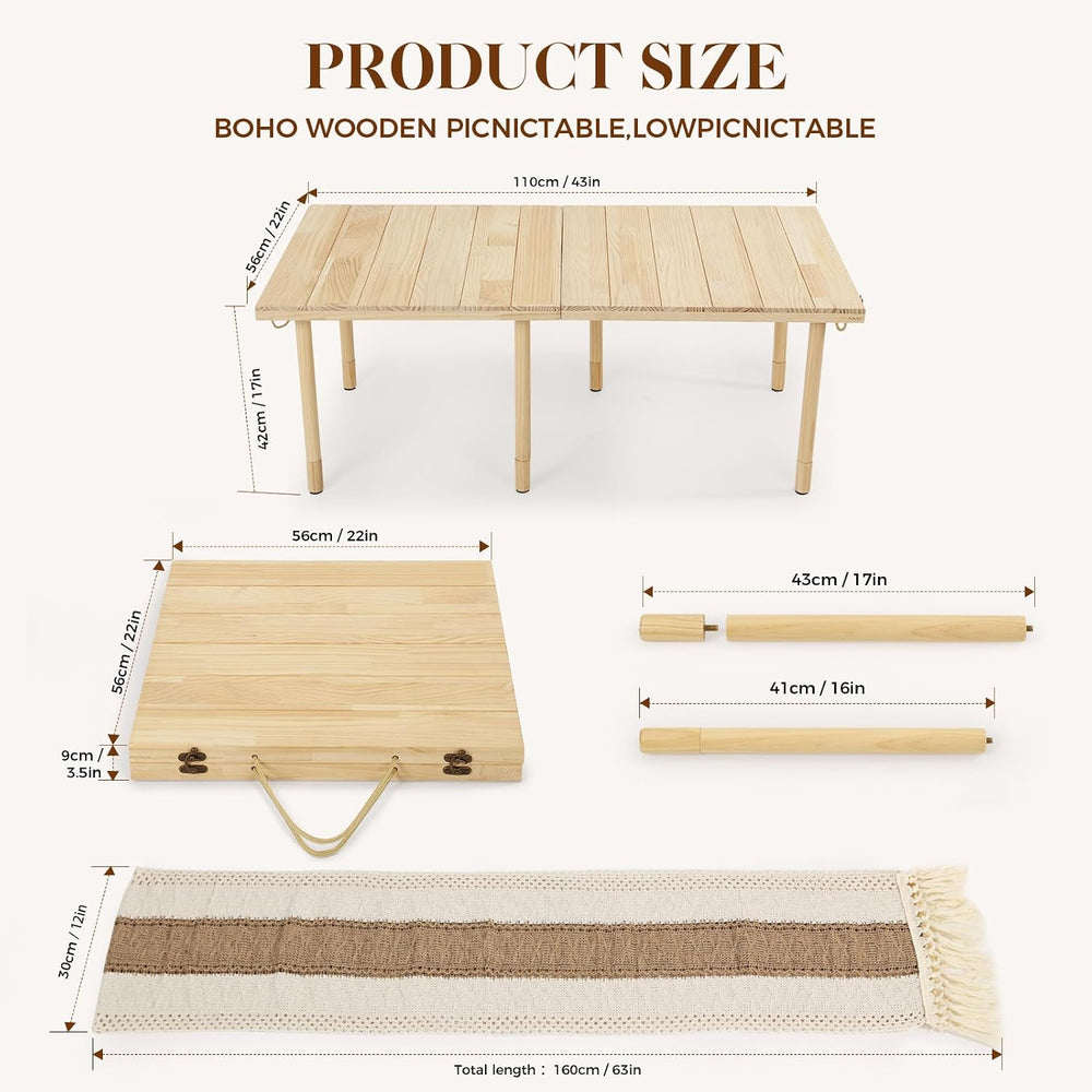44" x 22" Low Picnic Table, Foldable Solid Wood Structure