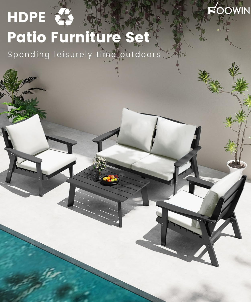 FOOWIN 4-Piece Patio Furniture Set, HDPE All-Weather Outdoor Conversation Set...