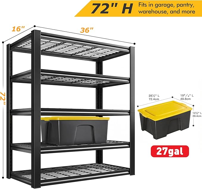 REIBII Garage Shelving 3200LBS, 5-Tier Storage Shelves, Adjustable Industrial...
