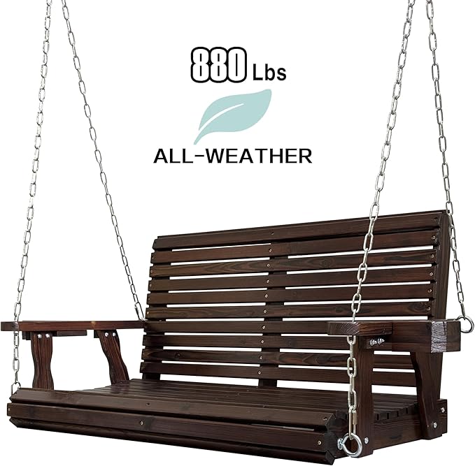 Wooden Porch Swing 2-Seater, High Backrest and Deep Seat, Bench Swing with Cu...
