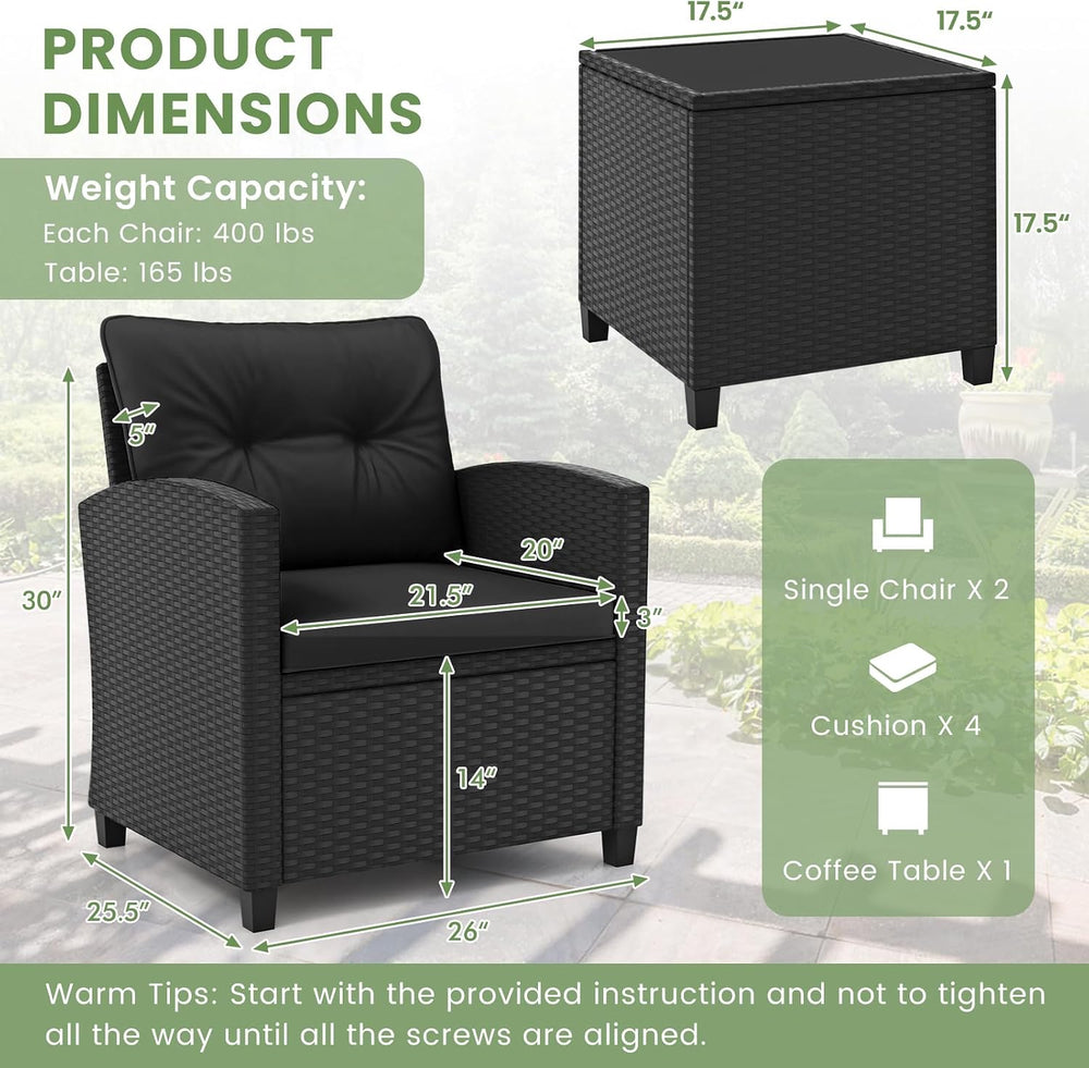 ORALNER 3 Pieces Patio Furniture Set, Black Wicker Bistro Set (Black)