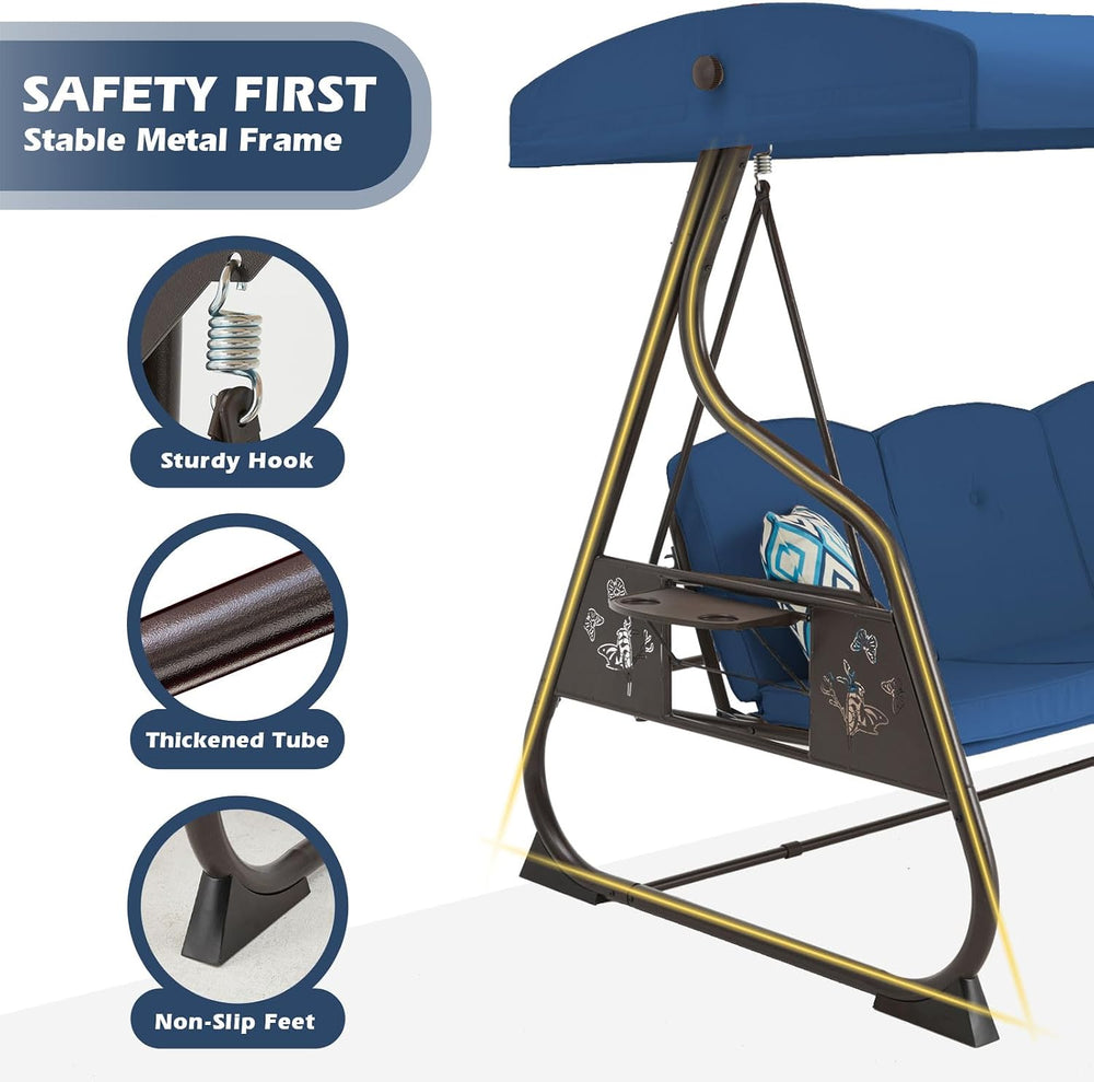 ZZW 3-Seat Patio Porch Swing 800LBS Outdoor Swing with Stand w/Canopy & A...