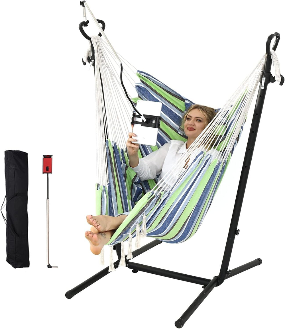 ZEYU Double Hammock Chair with Stand - Apple Green Strips