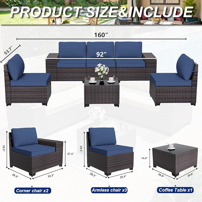 ALAULM 6 Pieces Patio Furniture Set, Oversized Seat/Armrest and High Back Wic...