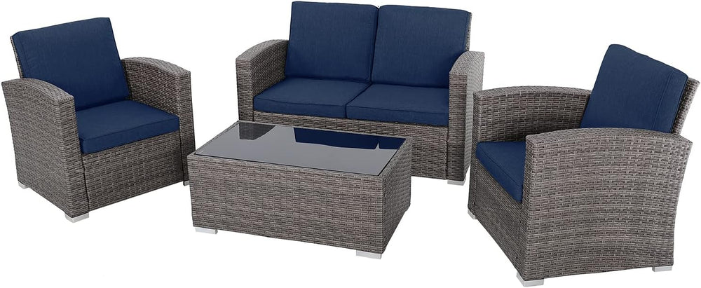 JOIVI Wicker Patio Furniture Set, 4 Piece Patio Conversation Set, Navy Blue