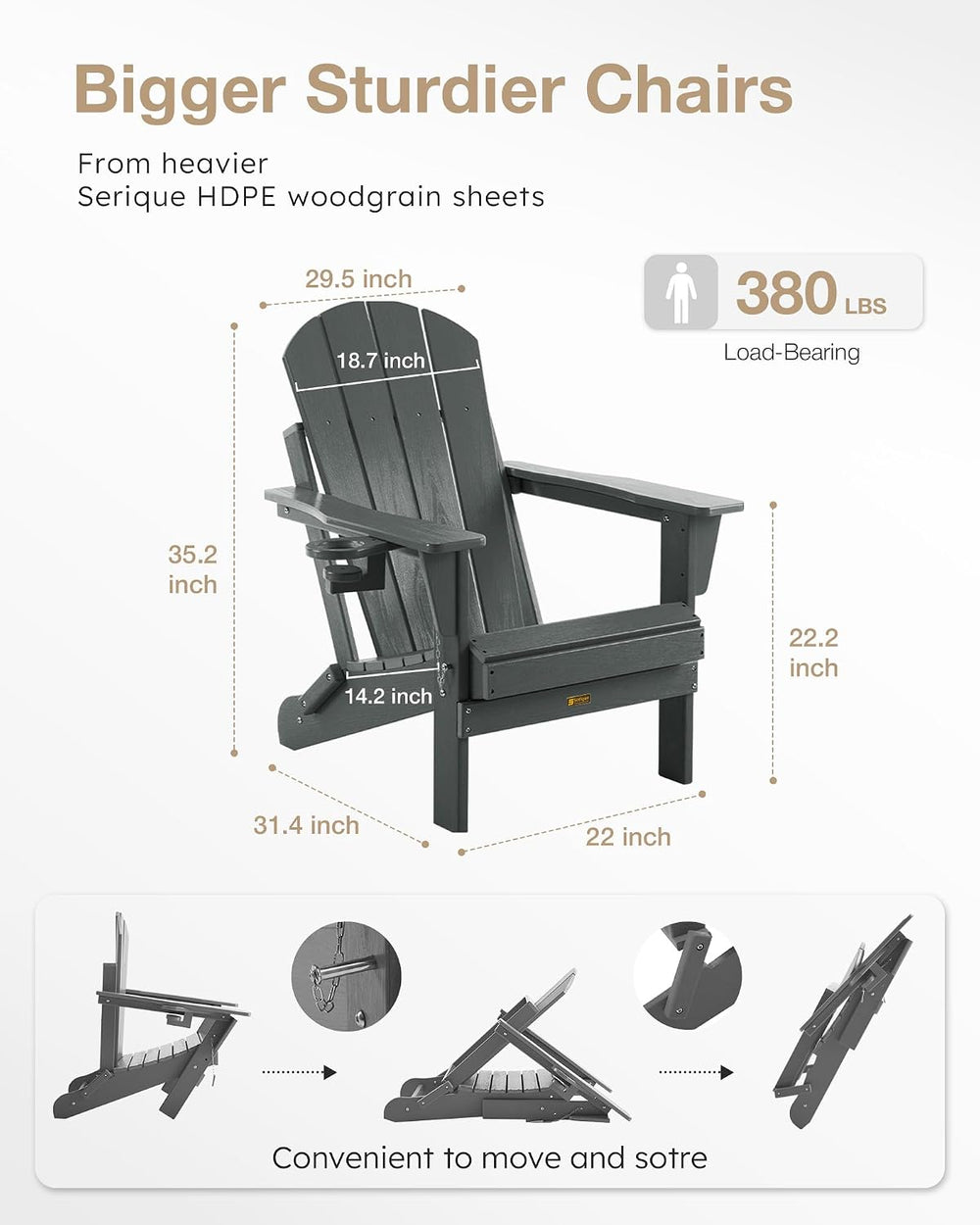 Folding Adirondack Chair, Wood Texture, Weather Resistant(Grey)