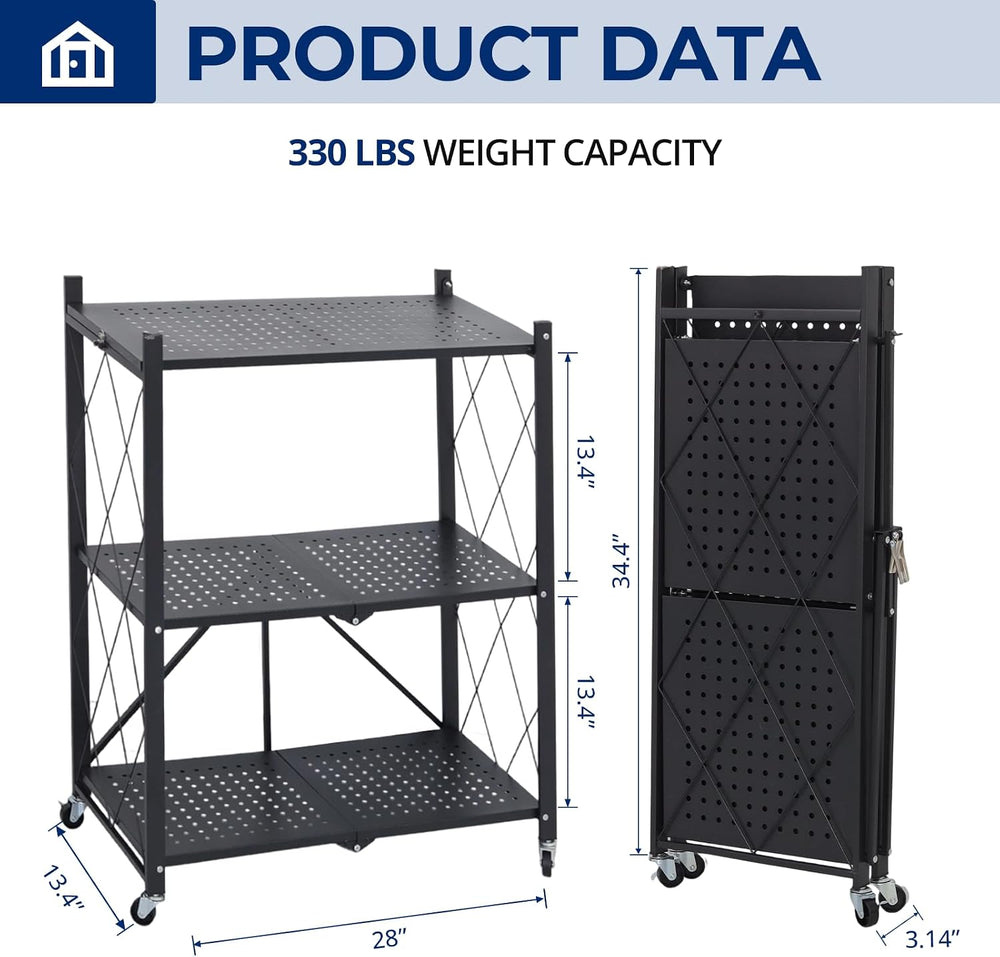 3 Tier Foldable Storage Shelves with Wheels, Metal Collapsible Organization S...