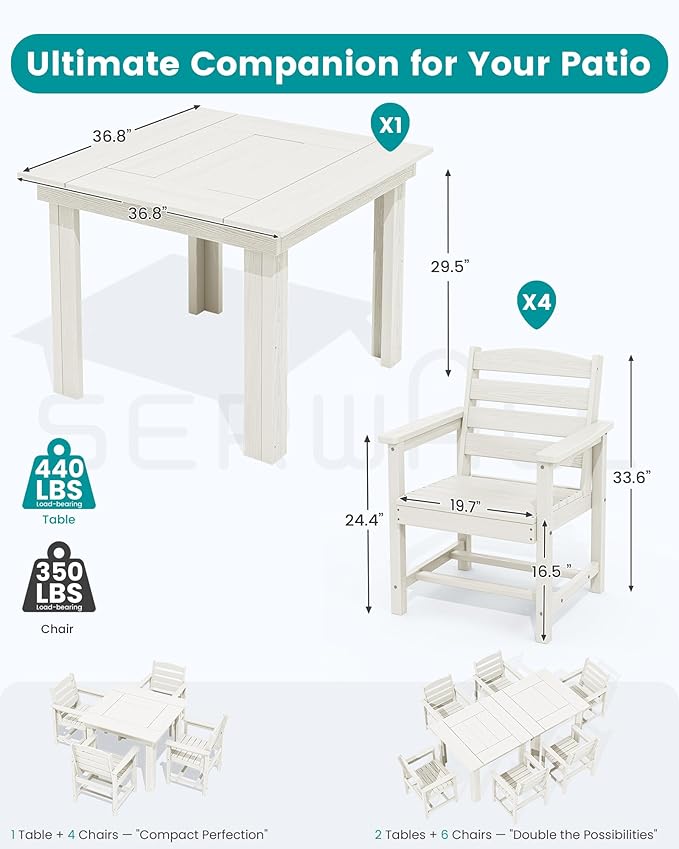 SERWALL Outdoor Dining Set for 4, HDPE Square Table and Chairs Set All Weathe...
