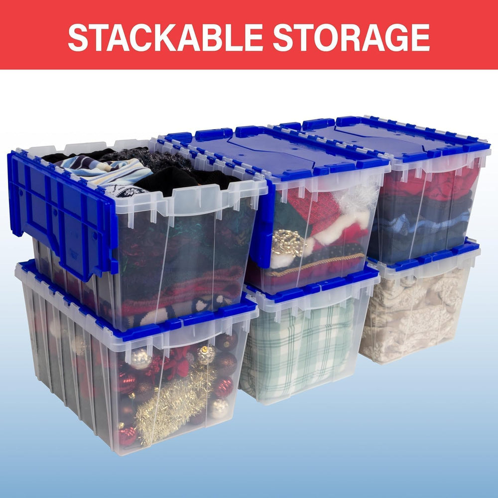 Akro-Mils KeepBox 12 Gallon Stackable Attached-Lid Storage Bin, Clear/Blue