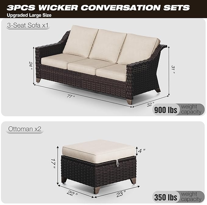 Joyside Patio Furniture Set, 3 Pieces Outdoor Wicker High Back Sofa with Otto...