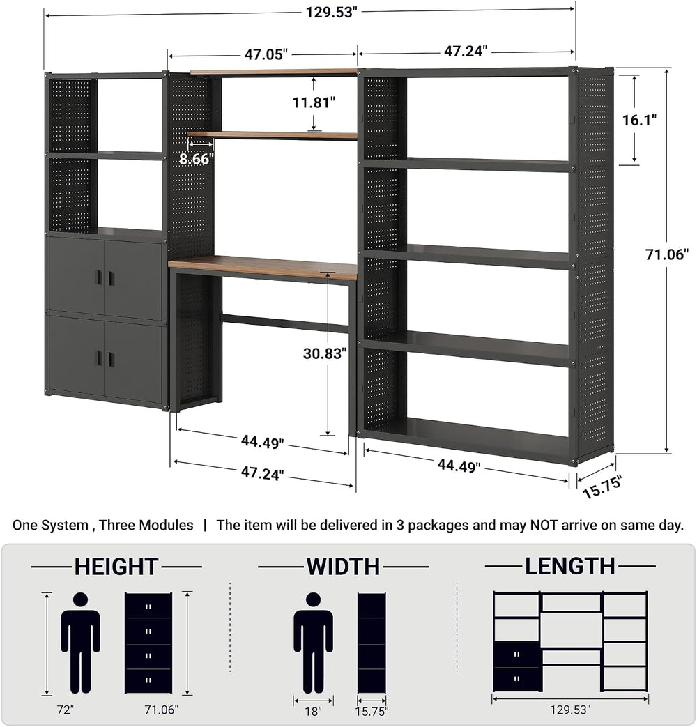 FLEXIMOUNTS 129"L Modular Garage Storage Cabinet with Workbench, Black