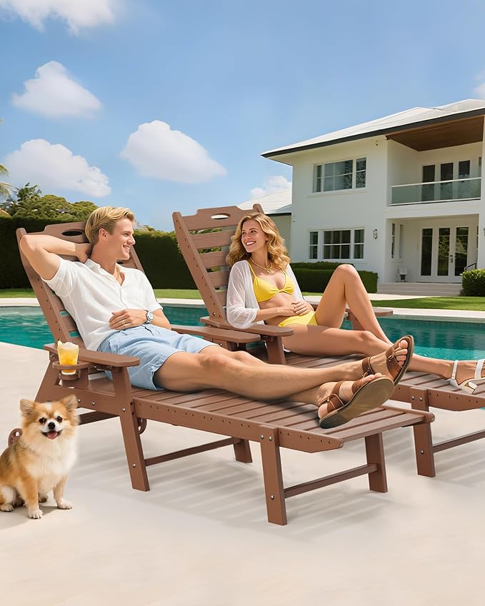 Carauci Lounge Chair Outdoor Set of 4, HDPE Chaise Lounge with Wheels, 5-Posi...