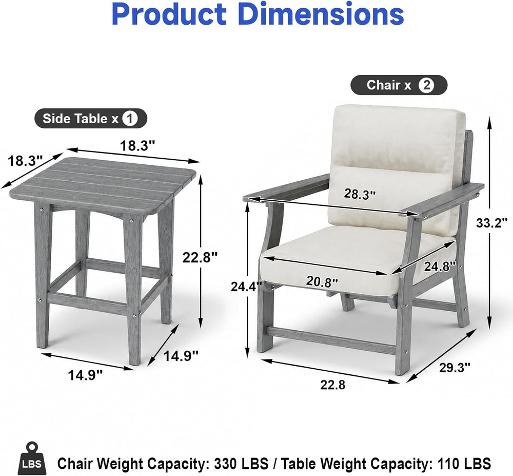 3 Piece Patio Bistro Set, Outdoor Table Chairs with Cushion, Grey